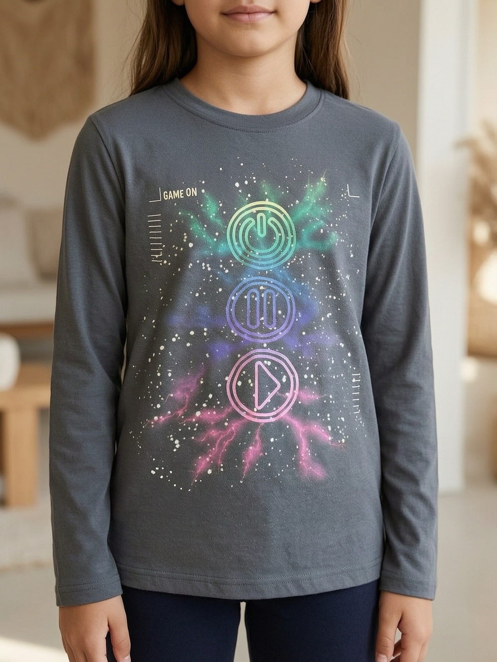 George Gray Long Sleeve Tee with Neon Green, Blue & Pink Icons